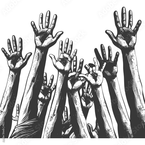 hands raised at a music festival with engraving style black color only