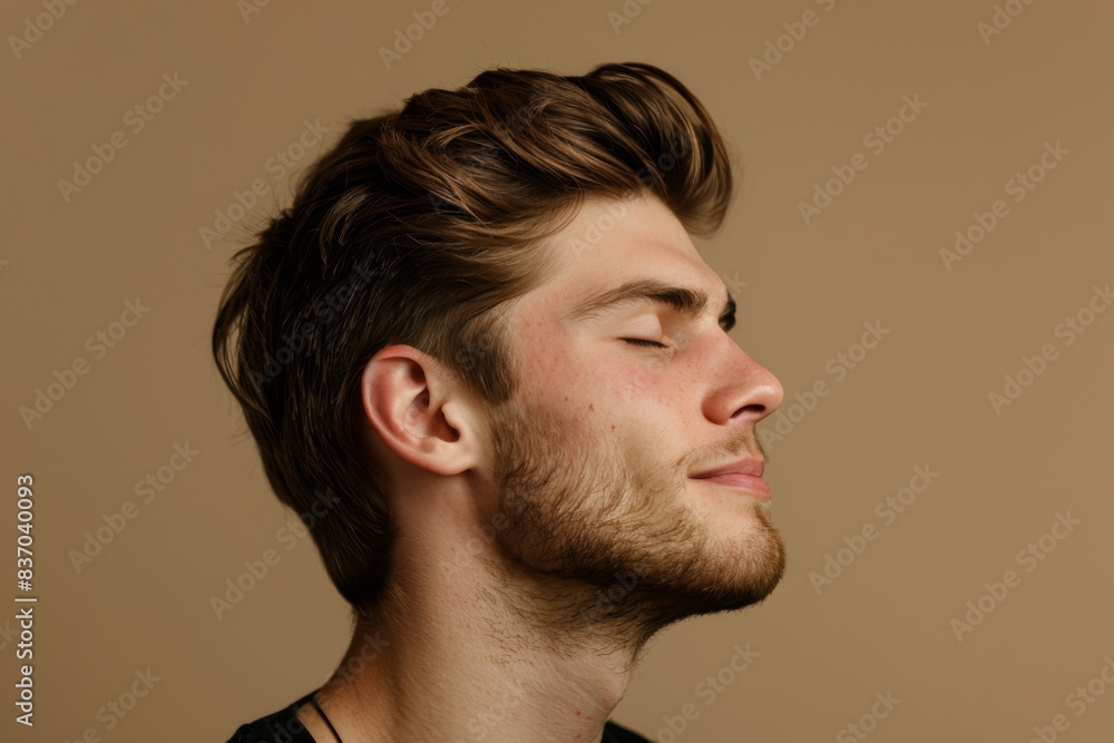 Fototapeta premium A close up of a man with beard and closed eyes looking to a side