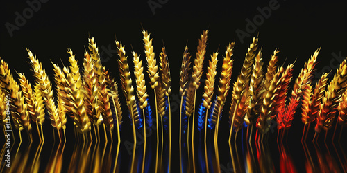 A row of golden wheat ears, arranged in the center on black background, with blue and red reflections on each ear, with a touch of futurism, emphasizing the threedimensional effect. The wheat is illum photo