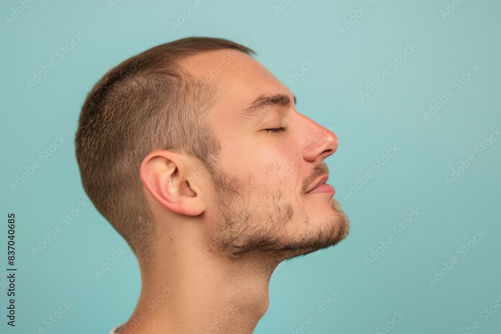 A close up of a man with beard and closed eyes looking to a side A close up of a man with beard and closed eyes looking to a side