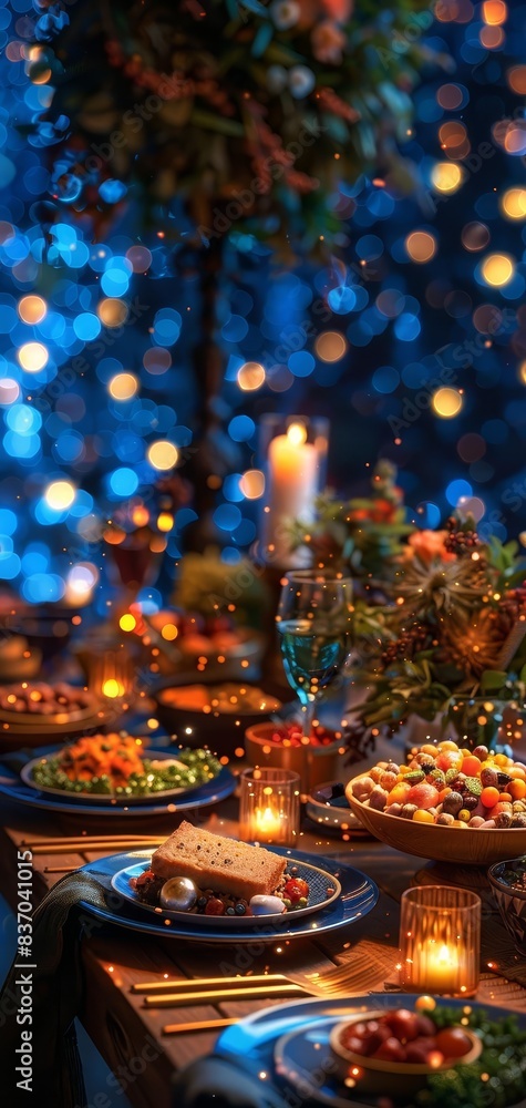 Elegant festive dinner table setup with delicious dishes, glowing candles, and a beautiful bokeh background creating a magical atmosphere. Elegant festive dinner table setup with delicious dishes, glowing candles, and a beautiful bokeh background creating a magical atmosphere.