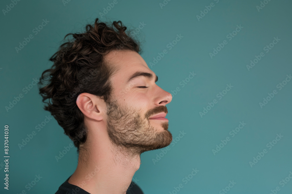 Fototapeta premium A close up of a man with beard and closed eyes looking to a side