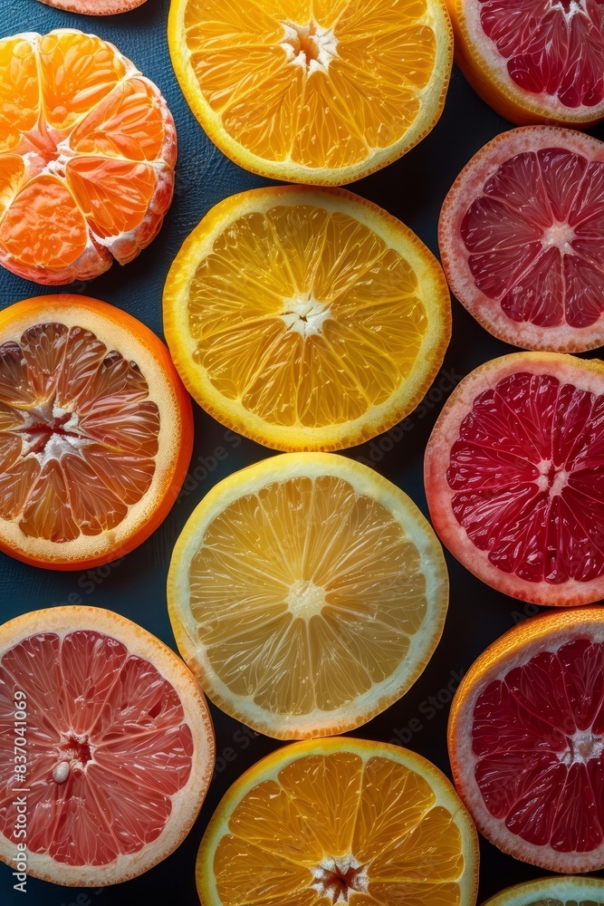 Fresh citrus slices arranged in a colorful pattern. Includes oranges, grapefruits, and lemons on a dark background, highlighting vibrant colors.