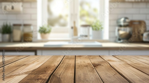 Empty wooden table and blurred kitchen background