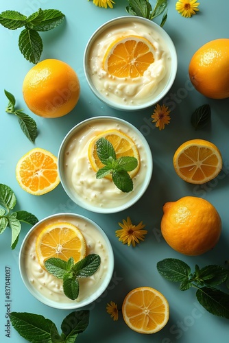 Fresh citrus yogurt bowls garnished with orange slices and mint leaves on a blue background, perfect for healthy breakfast inspiration.