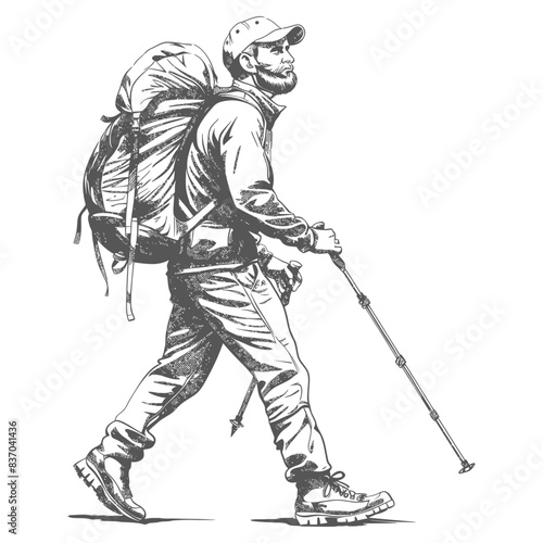 hiking man full body with engraving style black color only