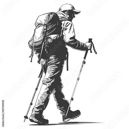 hiking man full body with engraving style black color only