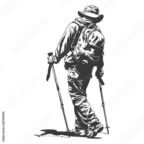hiking man full body with engraving style black color only