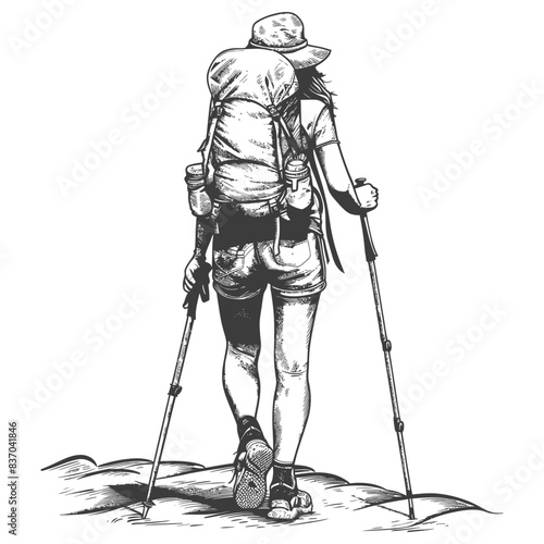 hiking woman full body with engraving style black color only