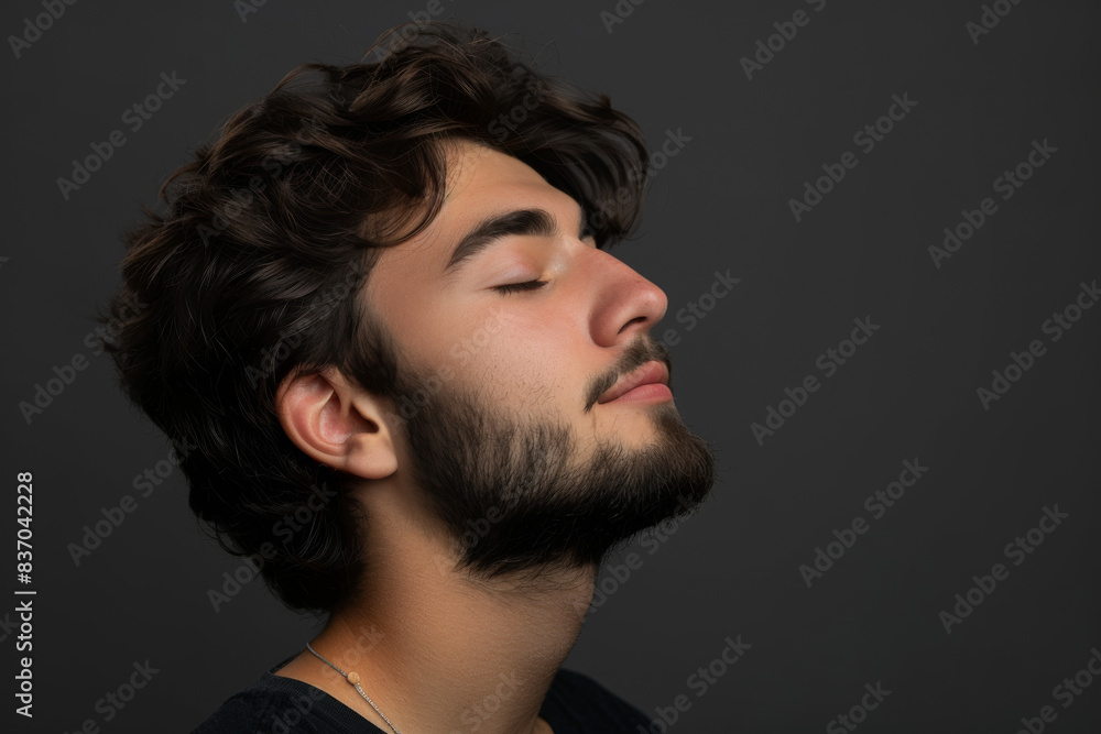 A close up of a man with beard and closed eyes looking to a side A close up of a man with beard and closed eyes looking to a side