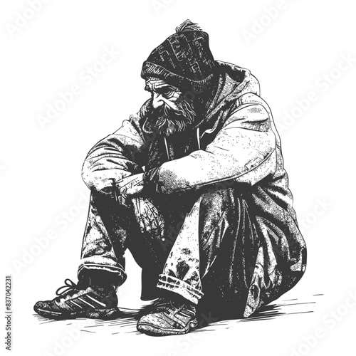 homeless full body with engraving style black color only