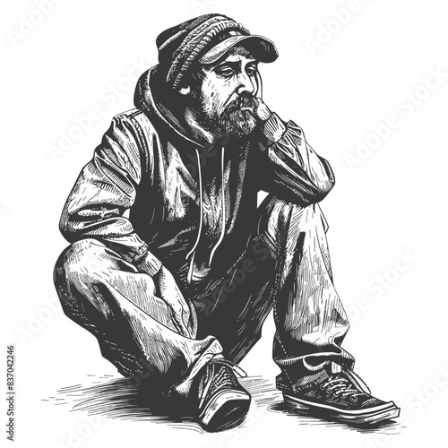 homeless full body with engraving style black color only