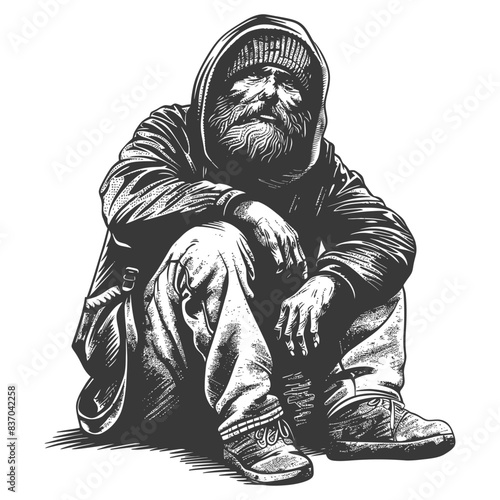 homeless full body with engraving style black color only