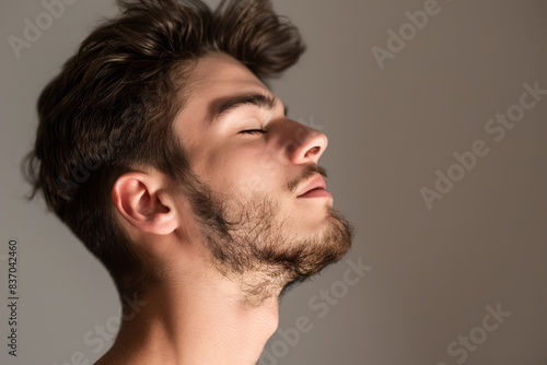 A close up of a man with beard and closed eyes looking to a side