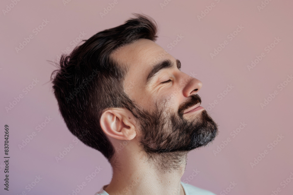 Obraz premium A close up of a man with beard and closed eyes looking to a side