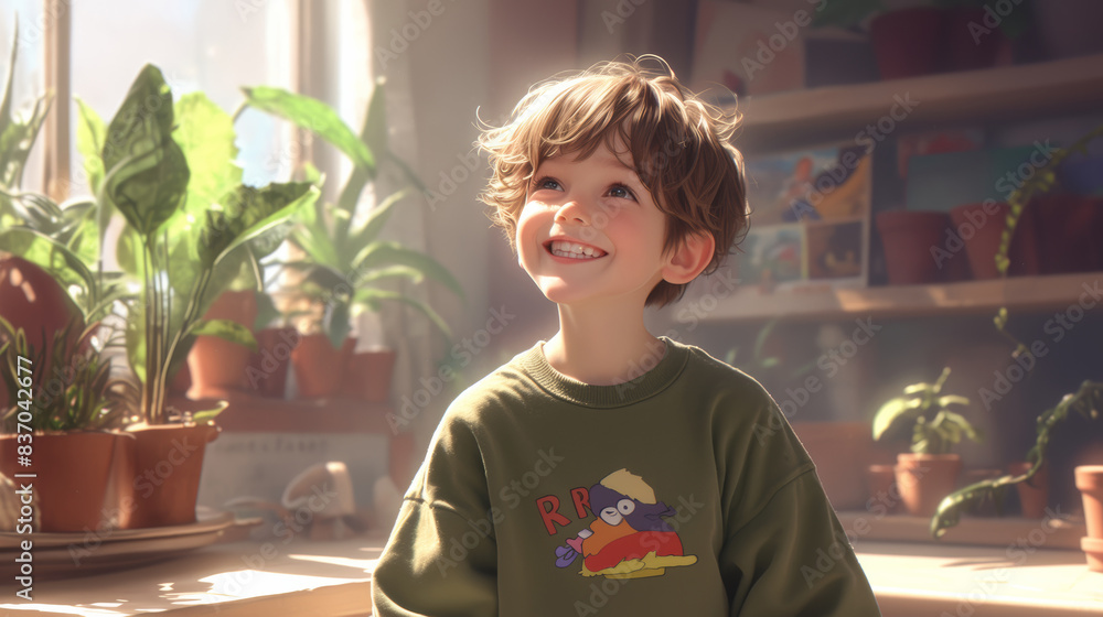 A joyful portrait of a smiling child, surrounded by vibrant, colorful indoors