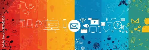 Digital Communication Infographic. A vibrant four-panel infographic banner showcasing a range of digital communication tools and concepts, ideal for professional networking sites.