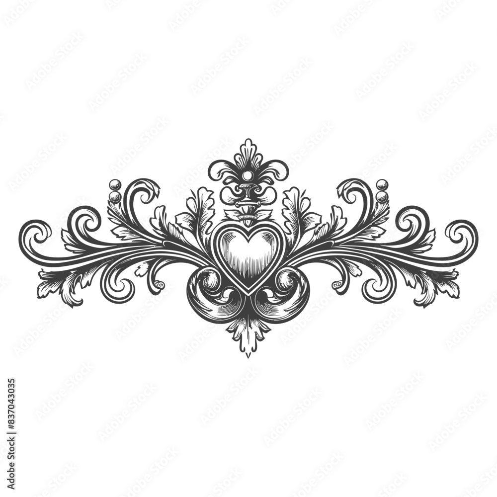 horizontal line divider with Hearth shape Baroque engraving style black color only horizontal line divider with Hearth shape Baroque engraving style black color only