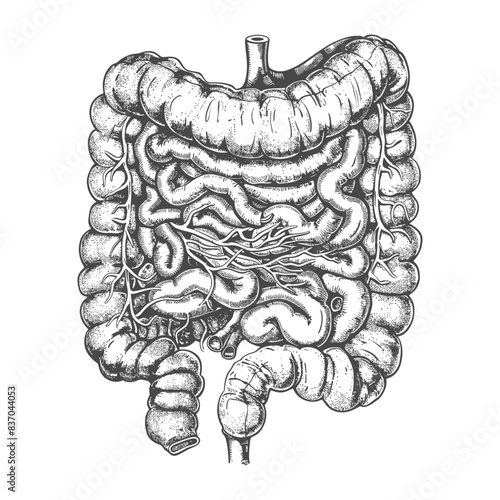 human intestine with engraving style black color only