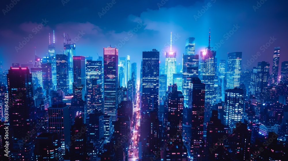 Urban Twilight in Blue. A deep blue hue blankets a modern cityscape at night, capturing the bustling urban life and glowing city lights.