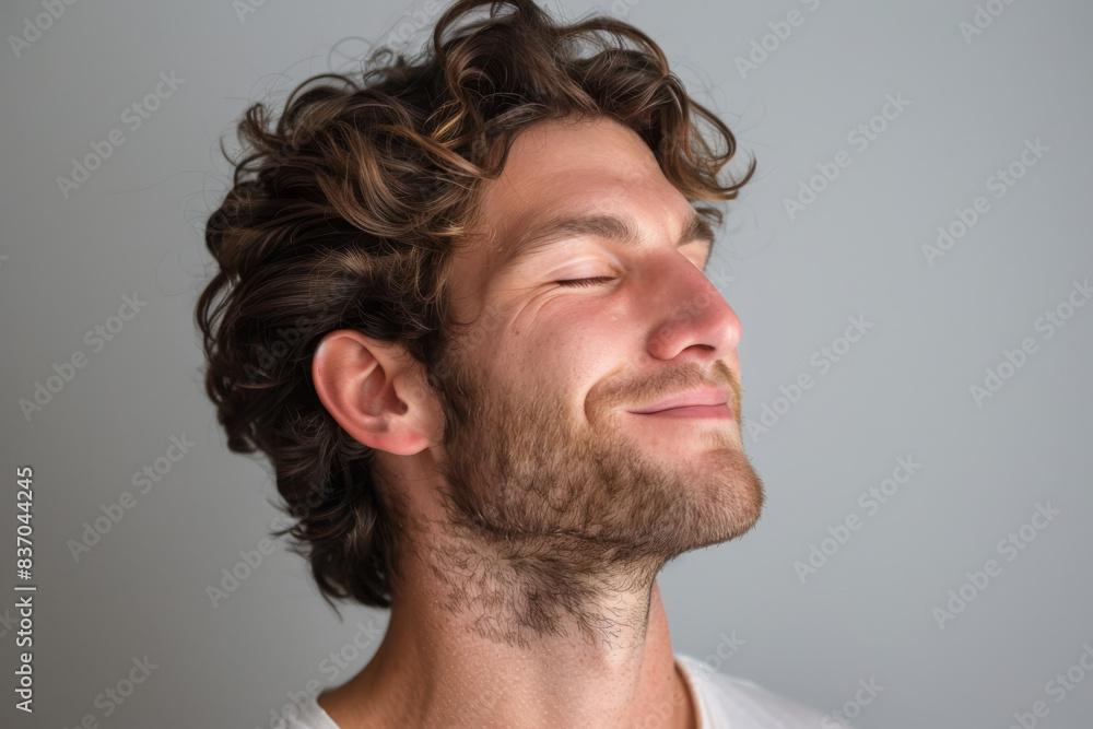 Obraz premium A close up of a man with beard and closed eyes looking to a side