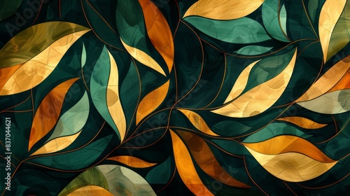 Wallpaper Mural A captivating abstract nature background with bold, organic shapes reminiscent of leaves and branches. Earthy tones of green, brown, and gold. Torontodigital.ca