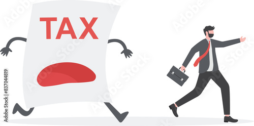 Illustration of businessman with small income running away from tax paper monster

