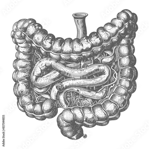 Engraving of human intestines, digestive system anatomy, vintage illustration.