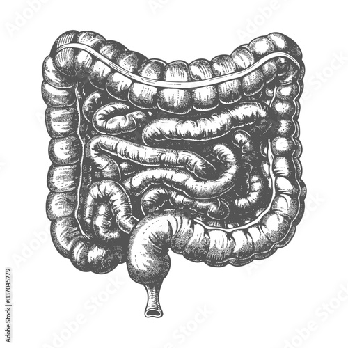 Intricate Human Colon Anatomy: Vintage Etching Style Illustration