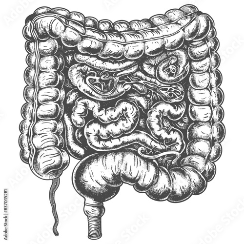 Anatomical Sketch: Intestine, Large and Small, Hand-Drawn, Detailed Illustration.
