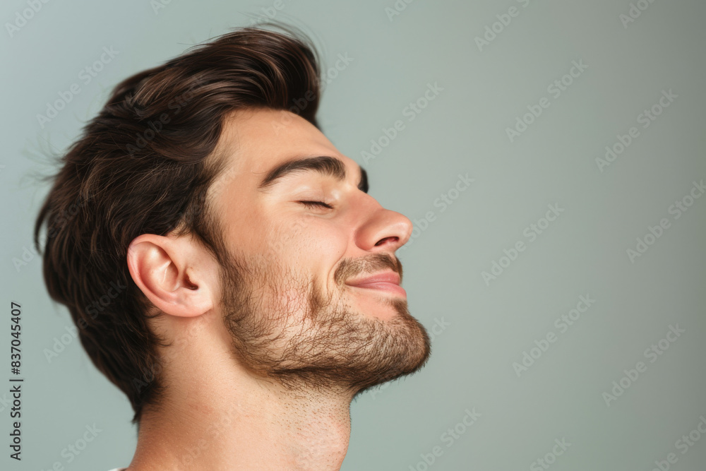 Fototapeta premium A close up of a man with beard and closed eyes looking to a side
