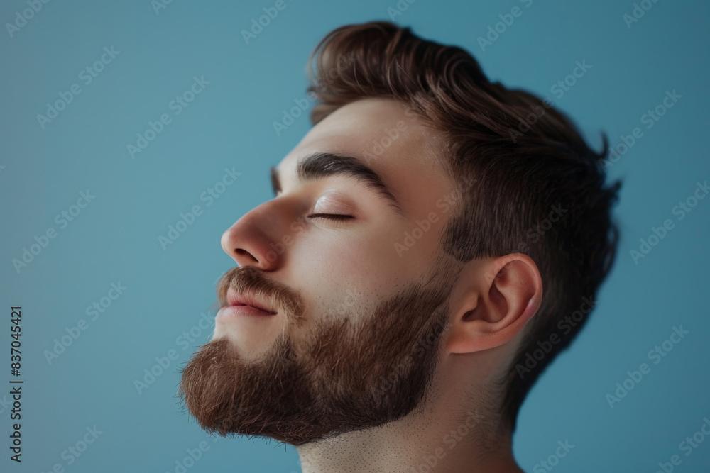 Fototapeta premium A close up of a man with beard and closed eyes looking to a side