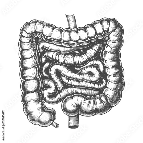 Human Intestine Anatomy, Hand-Drawn Vintage Medical Illustration, Colon and Small Bowel Detail