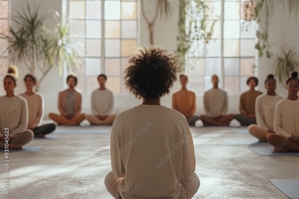 Group meditation class with diverse participants sitting in a serene studio, concept of mindfulness and relaxation Group meditation class with diverse participants sitting in a serene studio, concept of mindfulness and relaxation