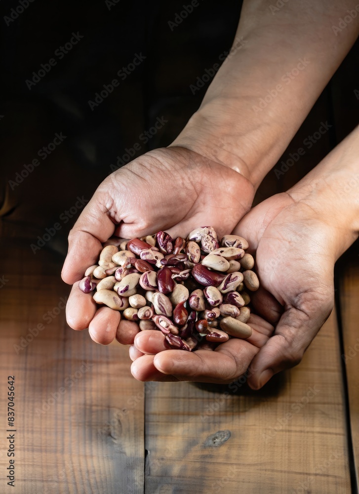 hands holding handful of pinto beans on a wooden table hands holding handful of pinto beans on a wooden table