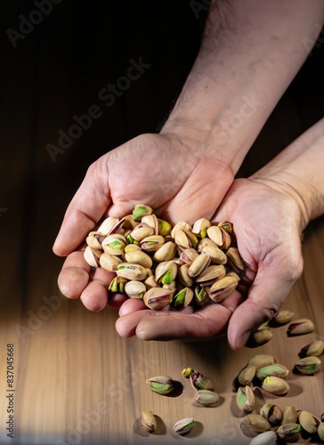 hands holding handful of pistachios ona wooden table