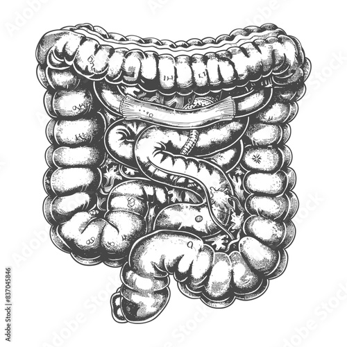human small intestine with engraving style black color only