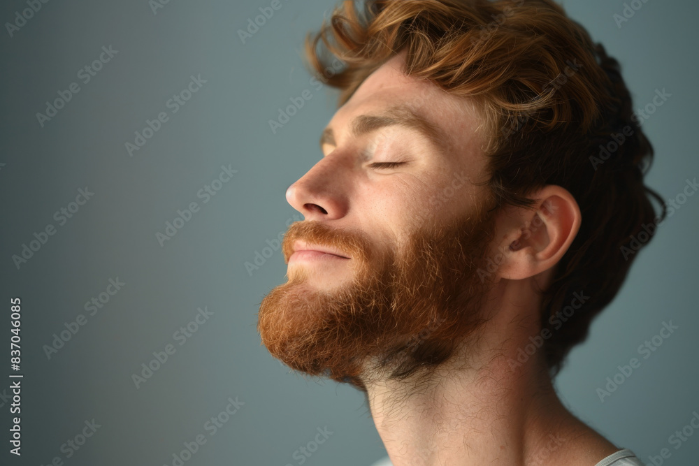 Fototapeta premium A close up of a man with beard and closed eyes looking to a side