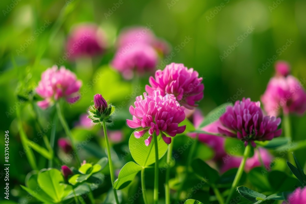 A close-up view of pink clover flowers blooming in a lush green meadow, bathed in soft sunlight A close-up view of pink clover flowers blooming in a lush green meadow, bathed in soft sunlight