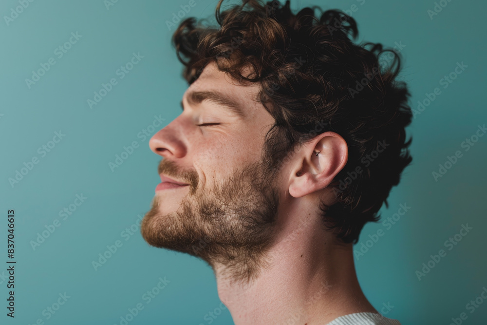 Obraz premium A close up of a man with beard and closed eyes looking to a side