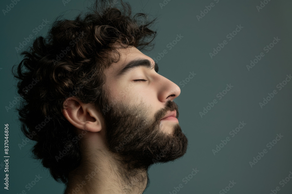 Fototapeta premium A close up of a man with beard and closed eyes looking to a side