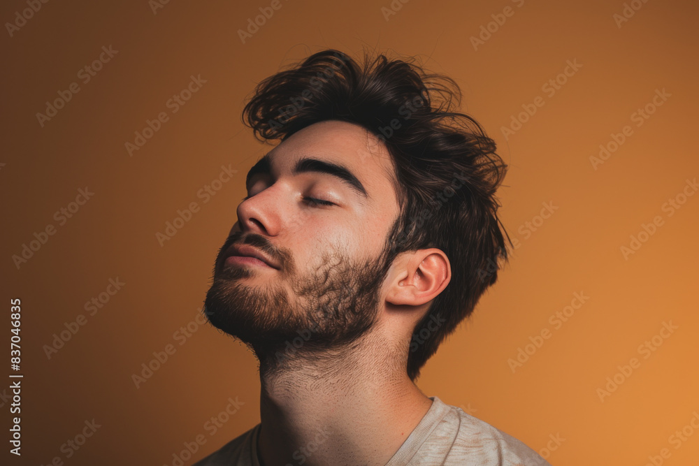 A close up of a man with beard and closed eyes looking to a side A close up of a man with beard and closed eyes looking to a side
