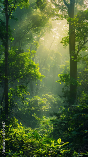 A forest with trees and sunlight shining through the leaves © Wonderful Studio