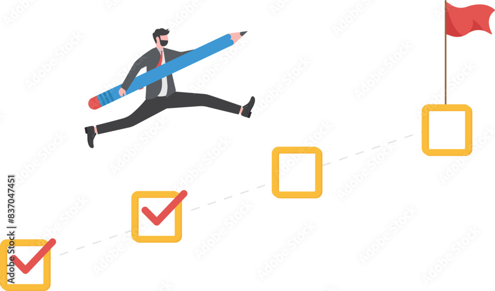 Cartoon businessman with pencil jumping on checkbox to others checkbox toward goal with red flag. Checklist to success business concept.
Cartoon businessman with pencil jumping on checkbox to others checkbox toward goal with red flag. Checklist to success business concept.