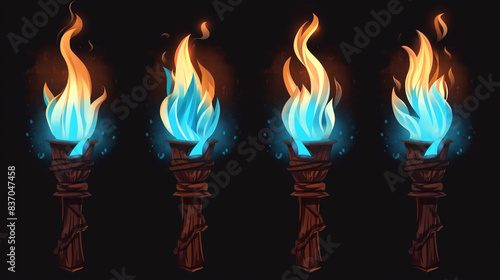 Set of Burning fire on old torch isolation, Illustration