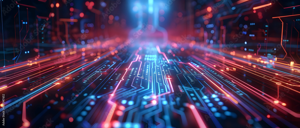 Obraz premium Futuristic digital circuit background with colorful neon lights representing technology, AI, and data flow in a cyber world.