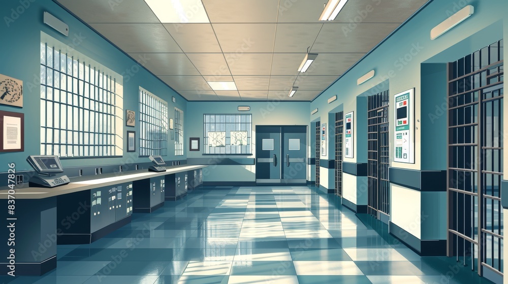 Fototapeta premium Create an image of a prison medical station where inmates receive medical care and check-ups --no text --ar 16:9 --quality 0.5 Job ID: 23c5162d-cfb9-4d9c-903c-37d68921353e