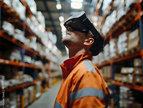 Warehouse worker using virtual reality headset for inventory management and training in a large industrial storage facility.