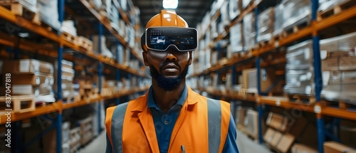 Warehouse worker wearing a virtual reality headset, exploring technology in logistics and inventory management, surrounded by shelves of boxes.
