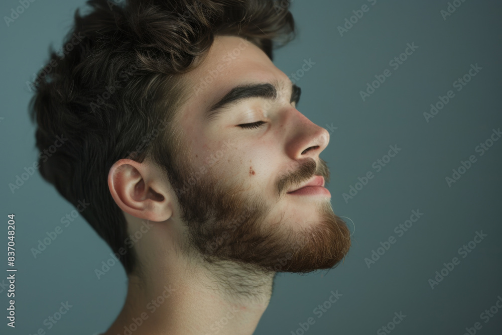 A close up of a man with beard and closed eyes looking to a side A close up of a man with beard and closed eyes looking to a side